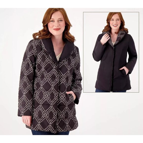 Dennis Basso  Print to Solid Water Resistant Jacket Black Stone Small A520256 - Picture 1 of 2